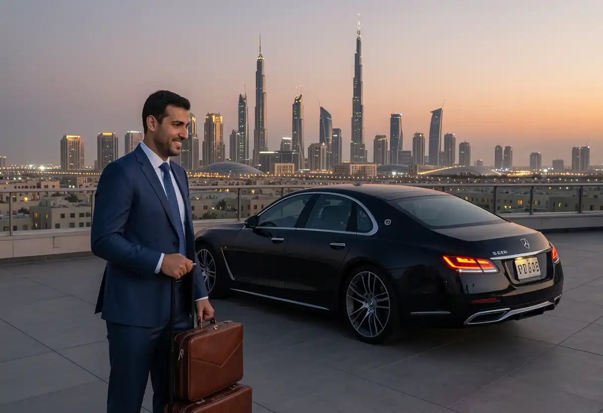 Business trip from Dubai to Abu Dhabi, briefcase on hotel rooftop terrace overlooking Abu Dhabi skyline at dusk